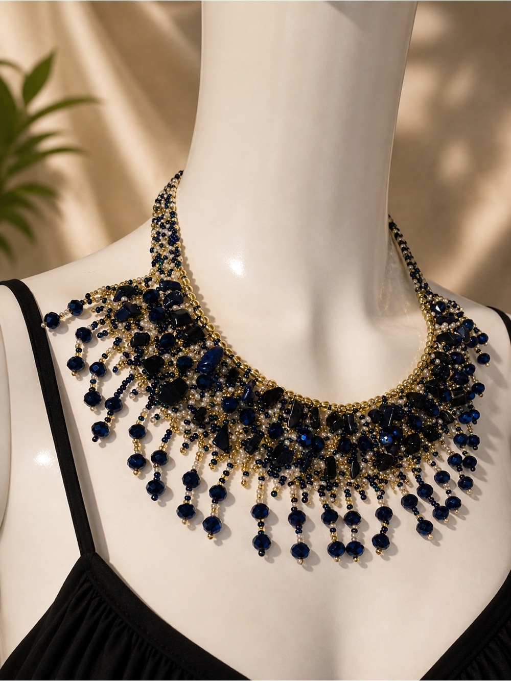 Midnight Sapphire Fringe Statement Necklace